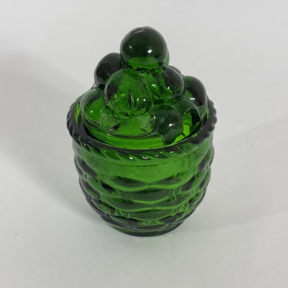 VTG Green‎ Glass Strawberry Basket Lidded Jelly Jam Jar With Spoon Slot Enesco